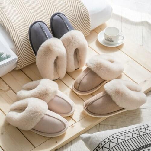 Faux Suede Home Women Full Fur Slippers Winter Warm Plush Bedroom Non-Slip Couples Shoes Indoor Ladies Furry Slippers