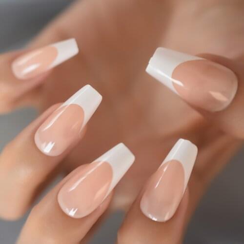 Glossy Peach Pink Nude White French Ballerina Coffin False Nail Long Press on Ballet Fake Reusable Wear Artificial Nails