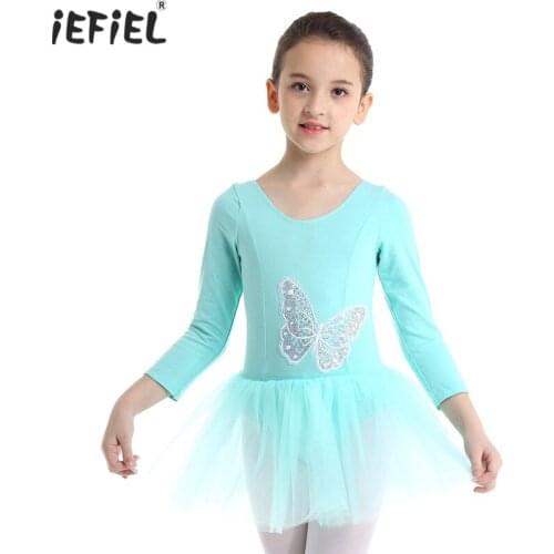 IEFiEL Girls Cotton Tulle Ballet Dress Ballerina Dancewear Long Sleeves Sequined Butterfly Ballet Dance Gymnastics Leotard Dress