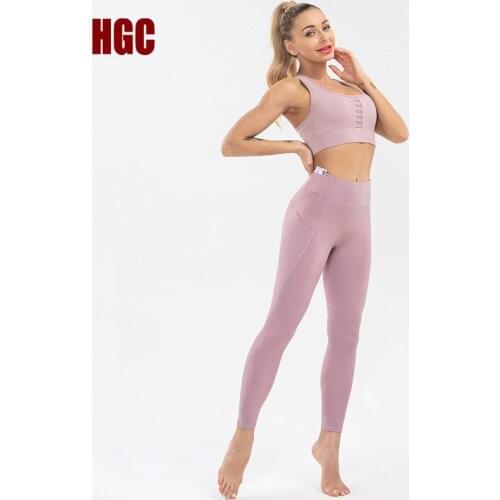 HGC Yoga Bra Set Professional Sports Running Fitness Suit Vest Female Pocket High Elastic Mesh Gym Leggings Top Women Sportwear