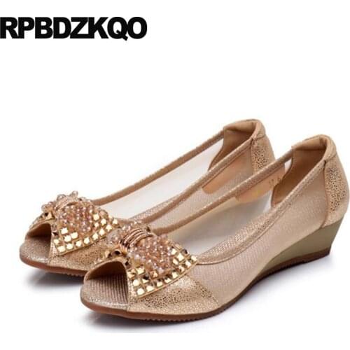 Crystal Summer Pumps Gray Gold Women Shoes For Party Wedge Big Size Golden Rhinestone Mesh Peep Toe Low Heels Bow Fish Mouth New