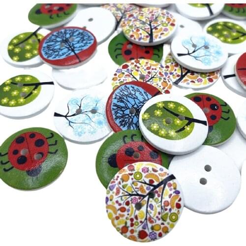5/20pcs Trees ladybug Printed Round Wooden Button 2 Holes 25mm Mixed Wood Buttons Sewing Accessories For Clothing Decoration DIY