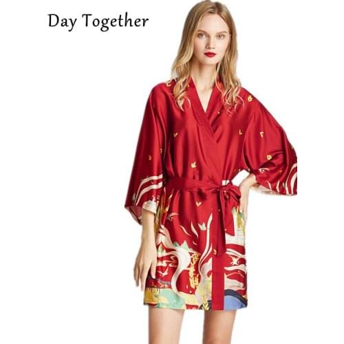 Summer Womens Silk Mini Kimono Robe Bathrobe Morning Gowns Printed Rayon Bath Gown Nightgown Sleepwear Robes