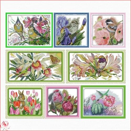 Flowers And Animals Printed Cross Stitch Kits Counted Canvas Embroidery Sets 11CT 14CT DIY Handmade Needlework Home Decoration