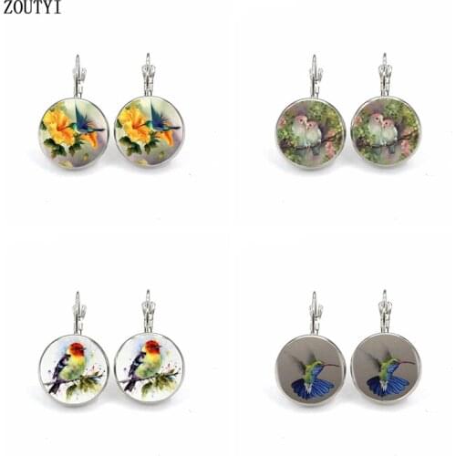 New/Charm oil painting floral hummingbird pattern photo, convex glass inlay earrings, feminine decoration