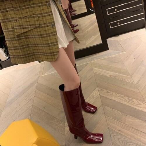 Autumn/Winter 2020 Thigh-high Heel Rider Knee The High Boots Girl with Patent Leather Square Toe
