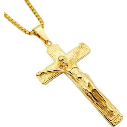 Gold color Cross INRI Crucifix Jesus Pendant & Necklace 316L Stainless Steel Men women Jesus Cross Christian Necklace Jewelry