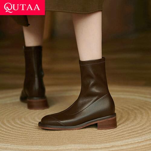 QUTAA 2022 Microfiber Zipper Ankle Boots Fashion Square Low Heel Short Boots Winter Stretch Boots Women Shoes Size 34-43