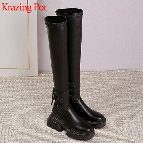 Krazing pot genuine leather round toe stretch fabric preppy style thick bottom high heels back lace up over-the-knee boots L52
