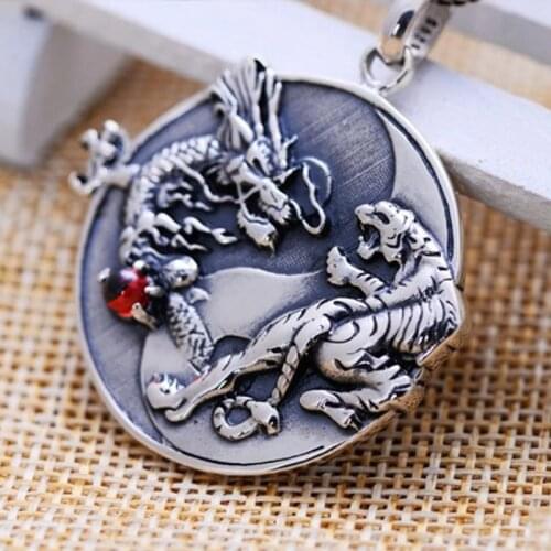 925 Silver Dragon Tiger retro Taiji Bagua Silver Pendant
