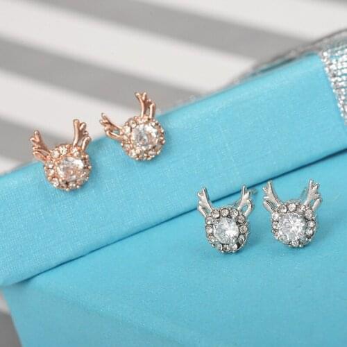 Exquisite Rose Gold/Silver Plated Antlers Stud Earrings White Zircon Crystal Earrings Christmas Jewelry Party Xma Gift for Women