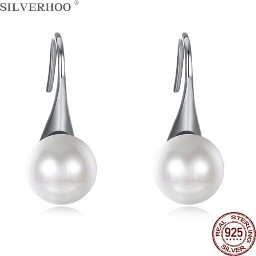 SILVERHOO Women Earrings 925 Sterling Silver Vintage Jewelry Simple Trendy Shell Pearl Stud Earring Anniversary For Girlfriend