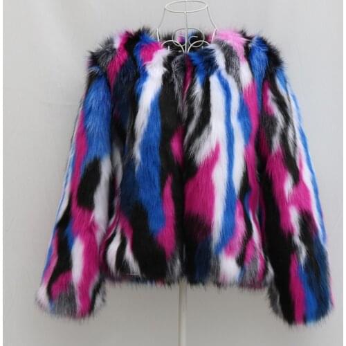 Thickened Faux Fox Fur Bomber Coat Colorful Fur Strip Sewed Women Slim Imitation Raccoon Fur Parka Jacket Cardigan Crop Tops