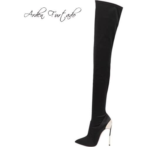 Arden Furtado spring autumn high heels 12cm steel heels over the knee boots red burgundy nude fashion stilettos Stretch boots