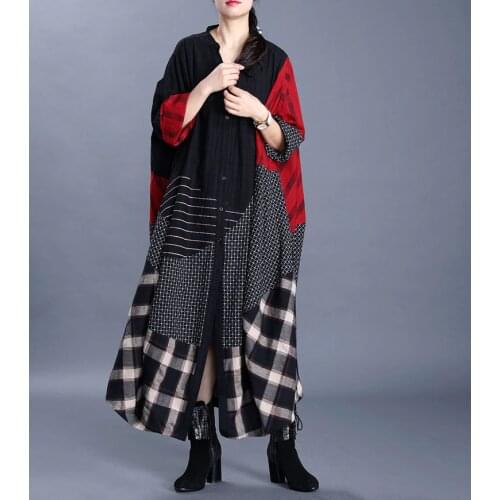 Women 2020 Spring Cotton Linen Patchwork Trench Coat Outerwear Ladies Vintage Spliced Striped Overcoat Female Retro Coat