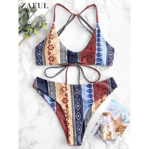 ZAFUL Sexy Strappy Swimwear Backless Top Triangle Swimsuit Floral Paisley Bikinis Set Women Sexy Bandage Summer Feme Beachwear