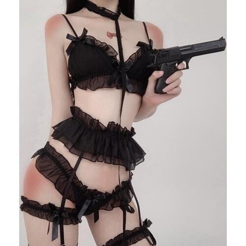 Japanese Lolita Women Sexy Lingerie Set Cute Ruffles Lace Kawaii Garter White Black Gothic Pajamas Cosplay Costumes For women