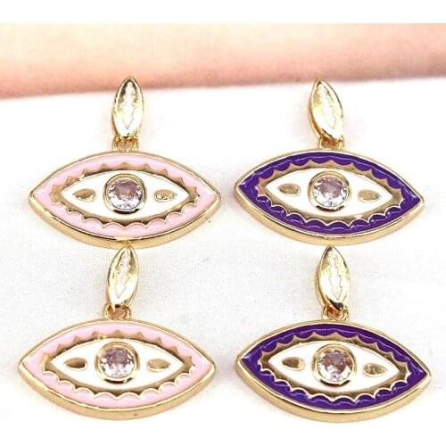 10Pcs New Fashion crystal pave enamel plated brass pink purple color evil eyes necklace charms for jewelry making DIY