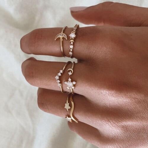6pcs/sets Bohemian Star Moon Geometric Rings Sets Clear Crystal Stone Gold Chain Opening Ring for Women Jewelry Accessories