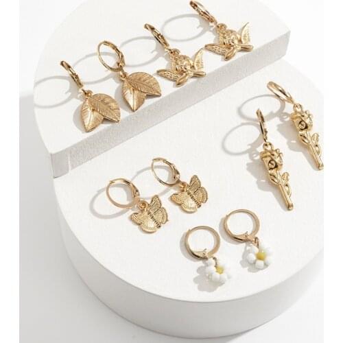 5 Pair Sweet Leaf Butterfly Rose Flower Earrings Set Fashion Angel Dangle Earrings Party Wedding Jewelry Gifts