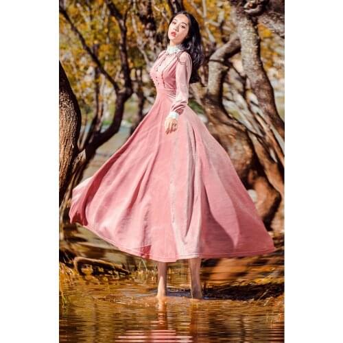 Free ship velvet stand collar embroidery vintage fairy long dress medieval dress Victorian dress