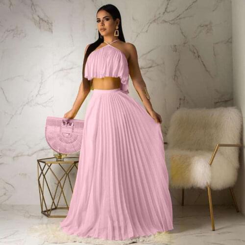 Felyn 2020 New Arrival Famous Brand two pieces Chiffon Dress Solid Halter Ruched Summer Beach Maxi Dress Vestidos