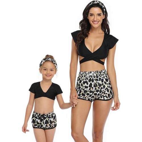 Mother Daughter Swimsuit Women Girls Swimwear Bathing Suit Beachwear Family Matching Outfits Bikini + Beach Shorts 3 Pcs Set