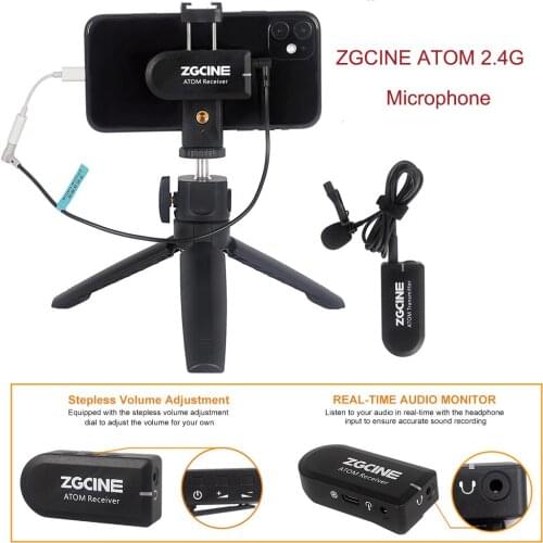 ZGCINE ATOM 2.4G Wireless Microphone Receiver Kit Universal Lapel Mic Microphone for DSLR Camera Smartphone With Tripod