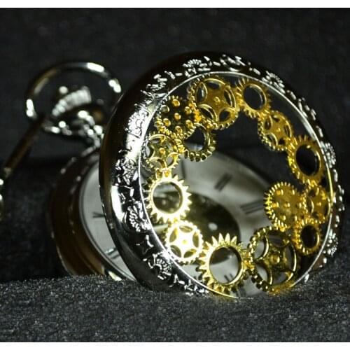 TIEDAN Gold Silver Steampunk Skeleton Mechanical Pocket Watch Men Transparent Case Male Retro Roman Numerals Chain Clock Men