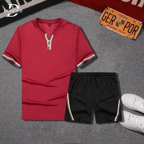2021 New Mens Casual Tracksuit Summer Sportswear Jogger Two Piece Set T-Shirt+Shorts Male Sweatsuit V-Neck Sports Suit EURO Size