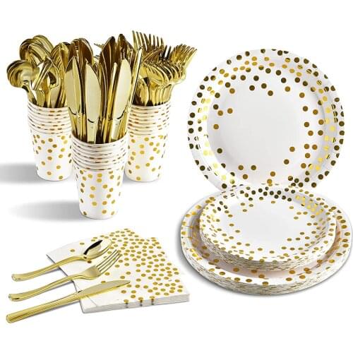 White Gold Party Supplies Disposable Dinnerware Tableware Set for Graduation Birthday Wedding Bridal Baby Engagement Christmas