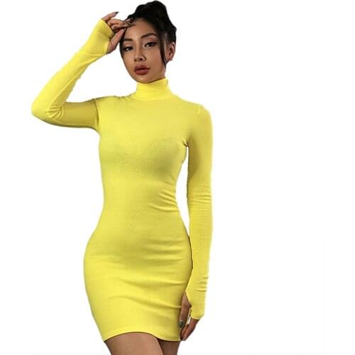 Autumn Women Casual Turtleneck Long Sleeve Skinny Mini Dress Sexy Solid Color Sheath Sporting Style Dress Bodycon Clubwear
