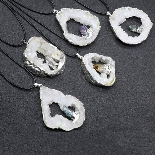 Healing Natural Agates Pendant Necklaces Irregular White Agat Stone Slice Pendulum Amethysts Citrines Kyanite Crystal Necklace