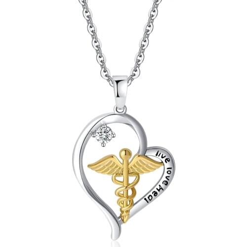 Harong Asclepius Necklace Heart Pendant Vintage Jewelry Nurse Doctor Silver Plated Necklace for Medical Women Accessories Gift