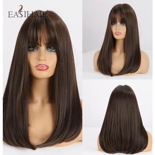 EASIHAIR Medium Length Dark Brown Straight Synthetic Wigs with Bangs for Women Bob Wig Heat Resistant Cosplay Party Wig Dark Wig