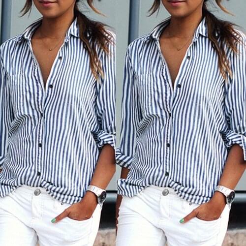 Europe and The United States Sexy Casual Loose Large Size Classic Striped Long-sleeved Lapel Shirt Womens Multi-color Optional