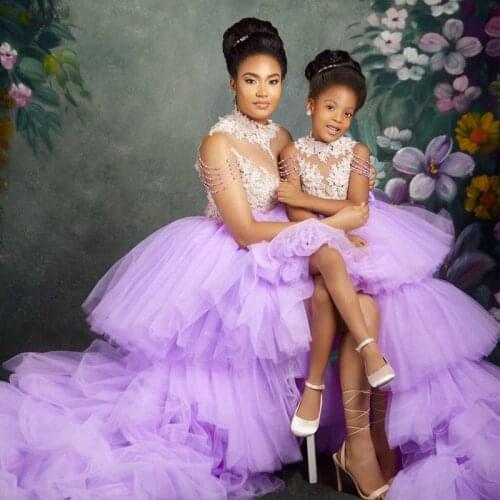 Beautiful Purple High Low Flower Girls Dresses O Neck Beading Tier Tulle Skirt Little Girl Pageant Dresses Kids Party Gowns