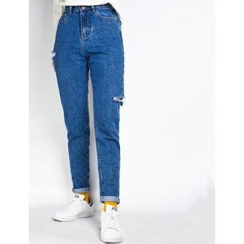 LOGAMI High Waist Hole Straight Jeans Woman Ripped Boyfriend Jeans For Women Causal Denim Pants New Fashion