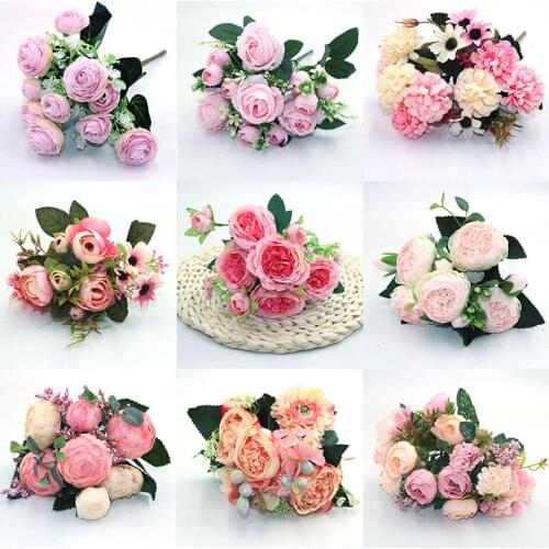 Pink 1pcs various beautiful artificial peony rose gerbera daisy silk flower DIY home garden party wedding decoration fake flower