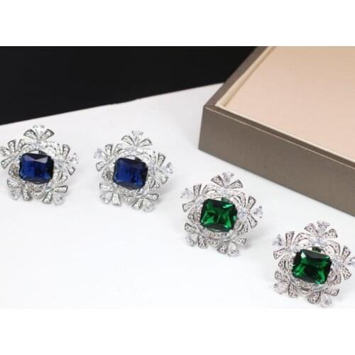 925 Sterling silver Green Gem stone Earring Ruby Aquamarine Stud Earrings CZ crystal flower earring Blue Sapphire Fine jewelry