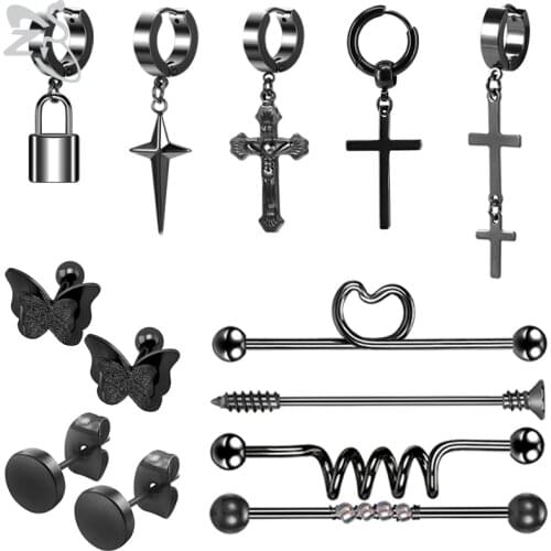 ZS Black Color Stainless Steel Drop Earring for Man Women Kpop DNA Cross Stud Earrings Punk Rock Roll Ear Tragus Helix Piercings