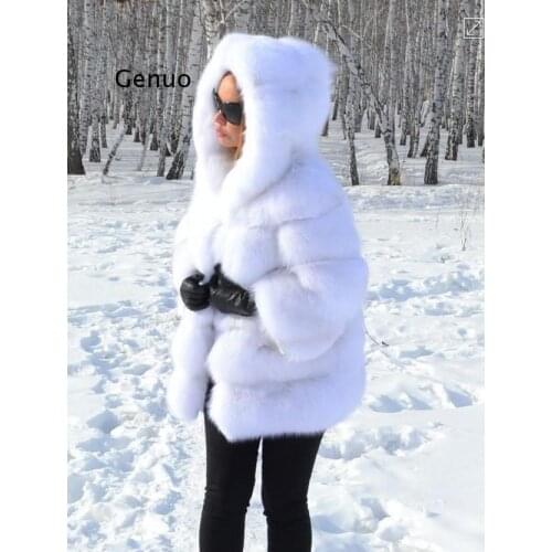 Overcoat Plus Size Fox Fur Overcoat women Luxury long fur coat with hood Elegant high quality thicken Plus size fluffy jacket