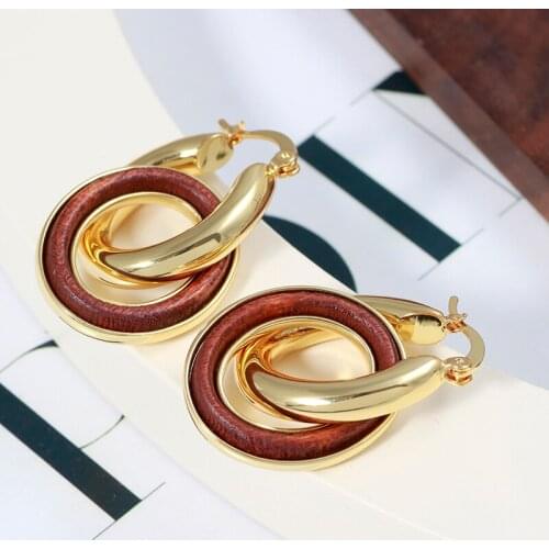 Vintage Port Style Circle Wood Double Earrings Simple Face Thin Gold Can Be Removed With Round Earrings Women