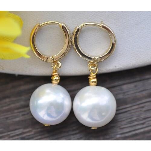 Z9988 A++ 14mm White Round Keshi Edison Pearl Dangle Earring CZ