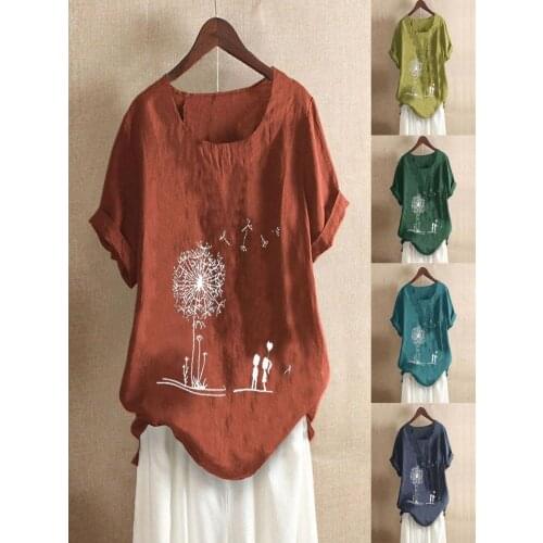 Women Autumn Tops Plus Size Buttons Ethnic Flower Printed 3/4 Sleeve Cotton Linen Blouse Plus Size Summer Shirt блузка женская