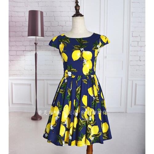 Womens Customize Lemon Flower Print cotton dresses Ladies Casual High Waist A Line Mini Retro umbrella Dress