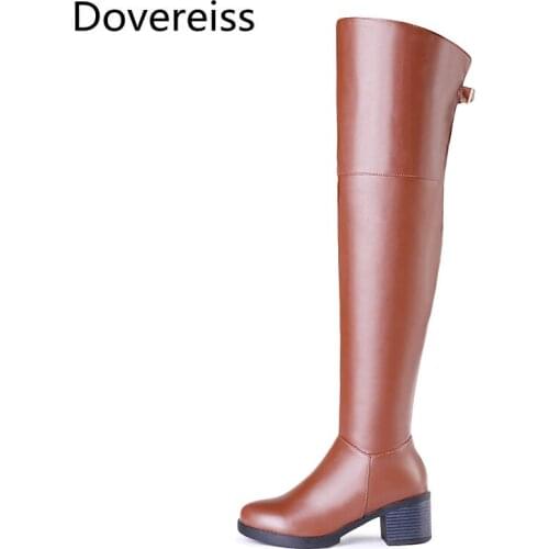 Dovereiss Fashion Womens Shoes Winter Sexy Elegant brown Zipper Concise Block heels Mature Round toe Over the knee boots 43