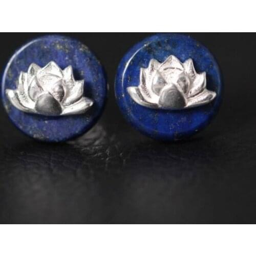S925 Pure Silver Stud Earrings for Women Handmade Lapis Lazuli Lotus Round Earring Female Vintage Fine Jewelry