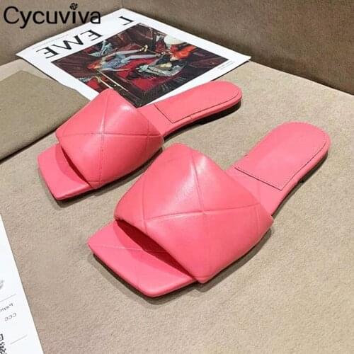 New Square Peep Toe Flat Slippers Women Summer Rhombus Leather Shoes Ladies Mules Flats 2020 Beach Shoes Woman