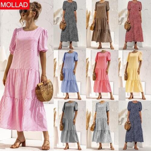 Spring/Summer 2021 Cross-Border Hot Puff Sleeve Polka Dot Plaid Loose Stitching Dress Long Dress